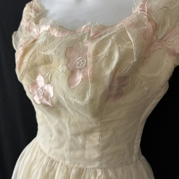 Harry Keiser Party Dress Yellow Organza Flower Applique Size 6 Vintage 1950s - Picture 5 of 12